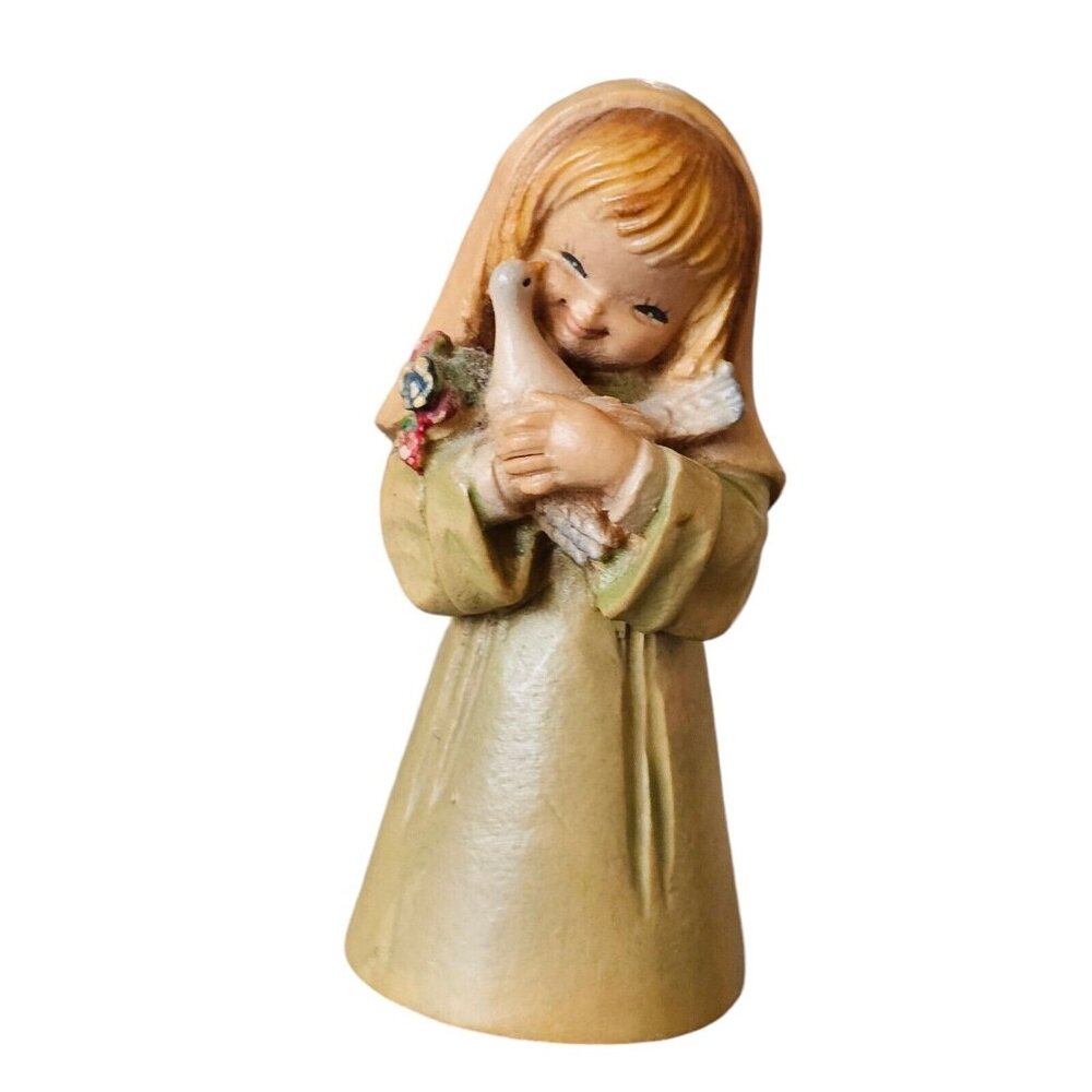 Wood Carved Anri Figurine Hand Painted Child Holding‎ Dove Italy Signed 3"